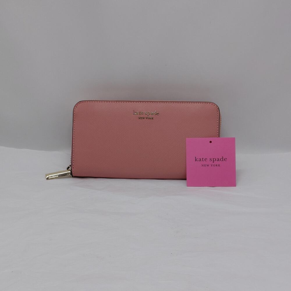 Kate Spade Womens Saffiano Leather Wallet Pink  Zip Travel Minimalist Classic